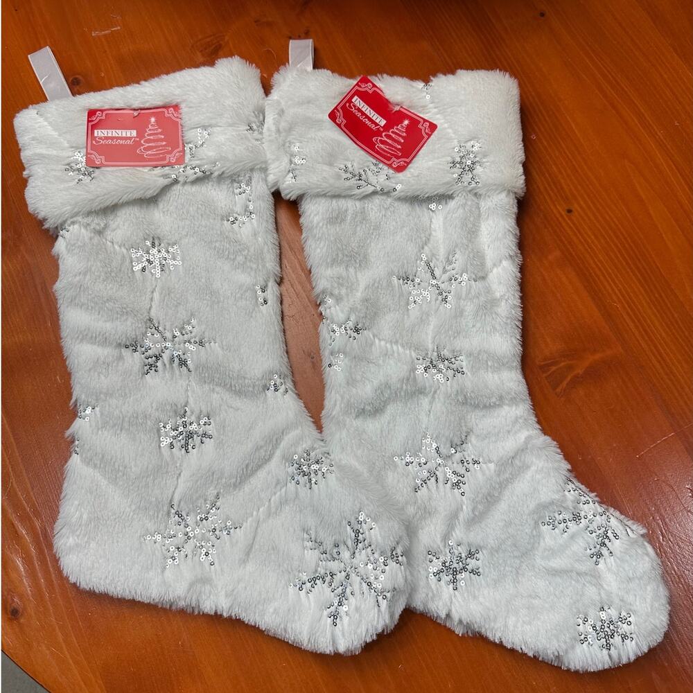 NWT - White Christmas Stockings with Silver Sequin Snowflakes-Set of 2